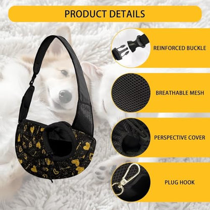 COEQINE Black Gold Heart Sling Carrier for Small Dogs Valentine's Day for Pet Owner Crossbody Purse Front Facing for Small Puppy Travel Cycling - color: Black Gold Heart