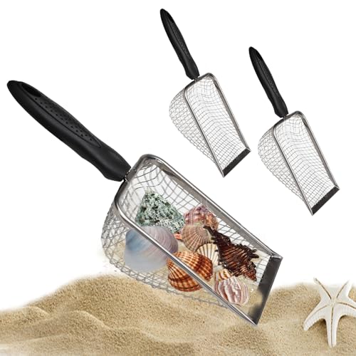 2 Pcs Stainless Steel Beach Mesh Shovel, Metal Shark Tooth Sifter, Black Handle Reptile Sand Scoop Scooper Beach Shell Collecting Tool for Sifting Picking Up Sea Creatures Cat Litter