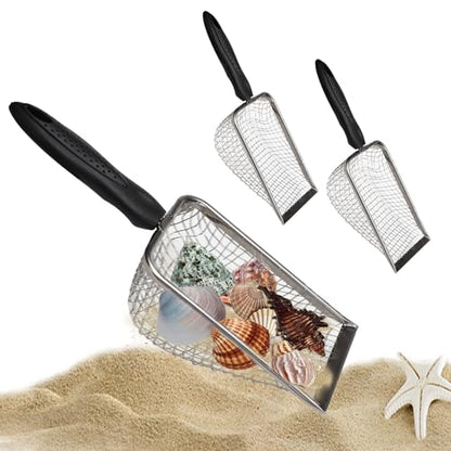 2 Pcs Stainless Steel Beach Mesh Shovel, Metal Shark Tooth Sifter, Black Handle Reptile Sand Scoop Scooper Beach Shell Collecting Tool for Sifting Picking Up Sea Creatures Cat Litter