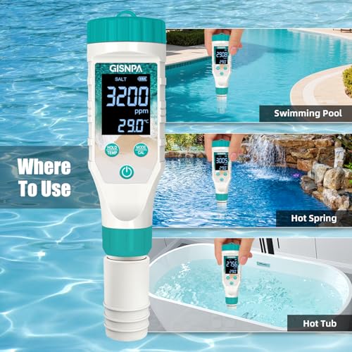 Digital Pool Water Tester, Pool pH Tester, Chlorine Tester & Pool Salt Tester 7 in 1 FAC Digital Salinity Tester for Saltwater Aquarium Sodium Chloride Swimming Pools Hot Tubs Spas - color: Green