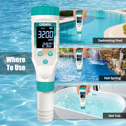 Digital Pool Water Tester, Pool pH Tester, Chlorine Tester & Pool Salt Tester 7 in 1 FAC Digital Salinity Tester for Saltwater Aquarium Sodium Chloride Swimming Pools Hot Tubs Spas - color: Green