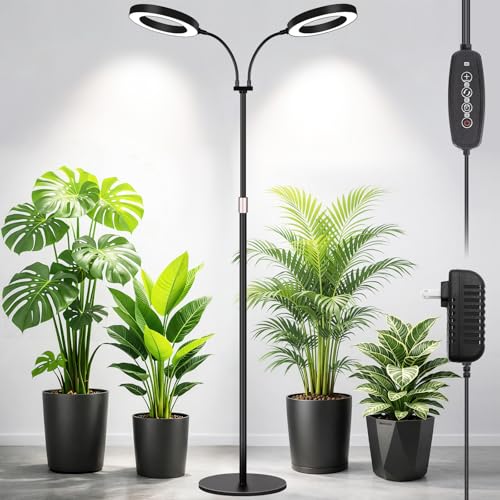 LBW Dual Head Grow Light with Stand for Indoor Plants, Full Spectrum Grow Light for Tall Plants, Adjustable Height up to 68", Auto Cycle Timer 6/8/12/16H, 5-Level Dimmable, 3 Lighting Modes, Black - size: 2 Head 6.3" Black
