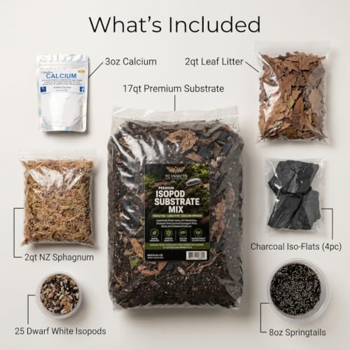 Day Gecko Bioactive Kit - 17qt Premium Bioactive Substrate + 2qt Leaf Litter + 2qt Sphagnum + Charcoal Iso-Flats Hide + 3oz Calcium + 25 Dwarf White Isopods + 8oz Tropical Springtails