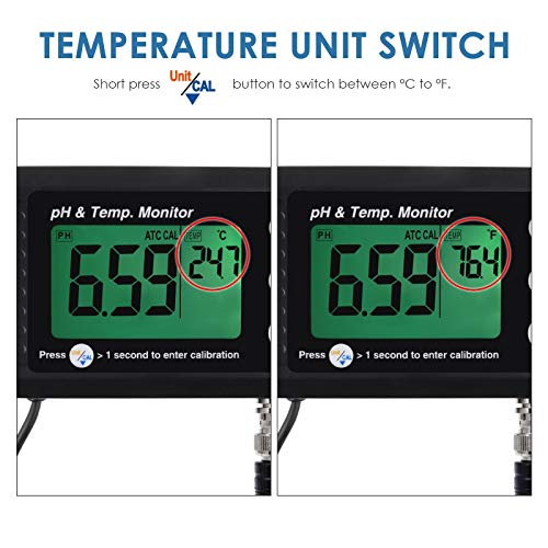 2 in1 pH Temperature Meter, Aquarium Thermometer pH Monitor with BNC Probe | Hydroponics, Aquariums, Pools, Labs, Drinking Water, Saltwater - Water Quality Tester pH Meter with ATC & Auto Calibration