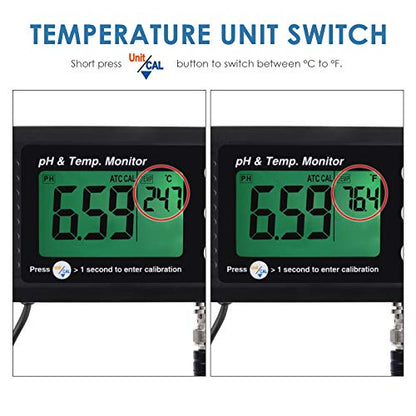 2 in1 pH Temperature Meter, Aquarium Thermometer pH Monitor with BNC Probe | Hydroponics, Aquariums, Pools, Labs, Drinking Water, Saltwater - Water Quality Tester pH Meter with ATC & Auto Calibration