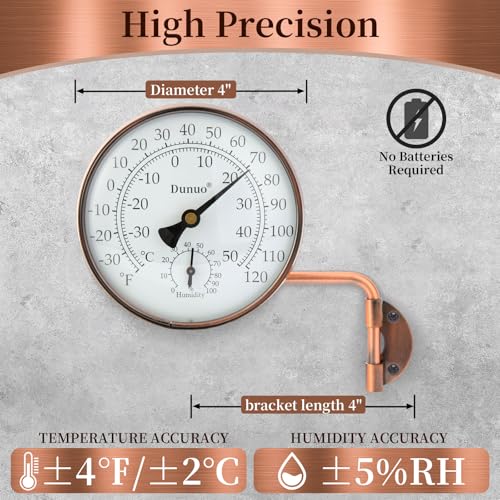 4-Inch Brass Outdoor Thermometer & Humidity Gauge, Analog Dial | Weatherproof Battery-Free Analog Hygrometer, °F/°C Dual Scale, Adjustable Swivel Bracket for Patio, Window & Greenhouse - size: 4inch thermo&hygrometer