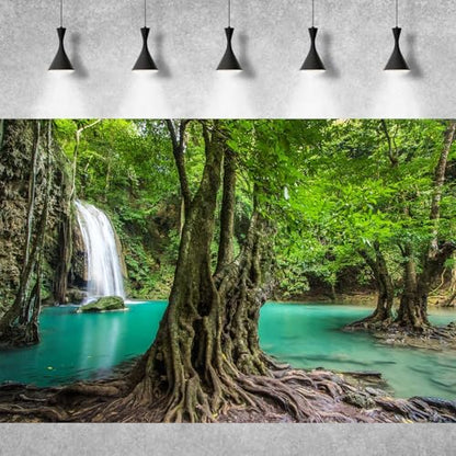Waterfall Aquarium Background Tropical Rainforest Natural Landscape Terrarium Background Big Tree and Emerald Lake Stream Fish Tank Background Tropical Style Reptile Habitat Background 24x12in - color: Light Turquoise, size: 24(W)x12(H)in