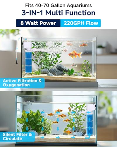 fishkeeper 4-in-1 Mutil Stage Aquarium Power Filter, 6W/8W/13W, 20-100Gal | Quiet Submersible Fish Tank Filter with Filtration/Bubbler/Oxygenation/Wavemaker Function, Adjustable Air Flow, Sponge Filter - size: 8W (for 40-70Gal)