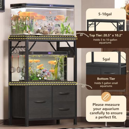 Heybly 5-10Gal Fish Tank Stand with Drawer, Power Outlet,200lbs HAS002SBK-1 | Aquarium Stand,Heavy Duty Metal Frame for Fish Tank, Turtle & Reptile Terrarium, 20.5" × 10.2" Top, Black - color: Black, size: 5-10 gal