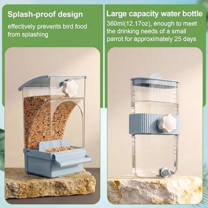 Novabright No Mess Bird Feeder Water Dispenser Set, Automatic Transparent Bird Food Container and 12 oz Automatic Water Feeder for Small Birds Parrot, Cockatoo, Canary, Cage, Lovebird, Budgies(Blue) - color: Blue