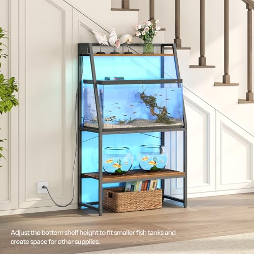 HOOBRO 20-29 Gallon Fish Tank Stand with Power Outlets and LED Light, Heavy Duty Aquarium Stand, Metal Frame Reptile Turtle Tank Stand, 33.1'' L x 15.7'' W, 300 LBS Capacity, Rustic Brown BF41UDFT01