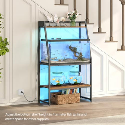 HOOBRO 20-29 Gallon Fish Tank Stand with Power Outlets and LED Light, Heavy Duty Aquarium Stand, Metal Frame Reptile Turtle Tank Stand, 33.1'' L x 15.7'' W, 300 LBS Capacity, Rustic Brown BF41UDFT01