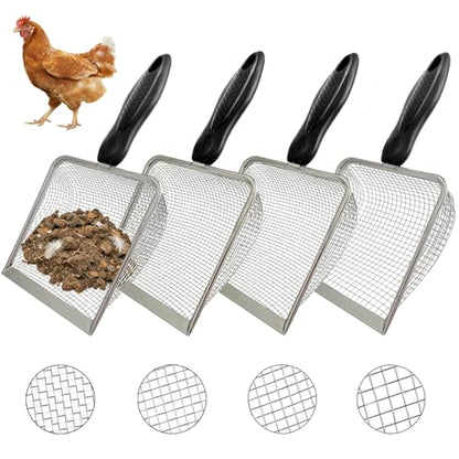 4 Pack Chicken Poop Scooper, 5.5" Metal Mesh Shovel | 2.0mm/2.8mm/3.8mm/5mm Holes, Chicken Coop Rake for Sand Litter, Suitable for Chickens, Cats, Rabbits, Hamsters & Reptiles - size: 5.5" 4 Set