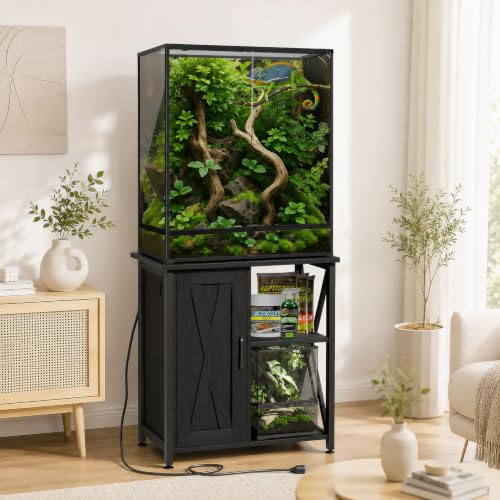 Herture 45-67 Gallon Reptile Tank Stand with Power Outlet, Terrarium Stand with Storage Cabinet, 24" Wx18 D Tabletop, Reptile Terrarium, Black PG12XYB - color: Black, size: 24x18"-46-67 Gallon
