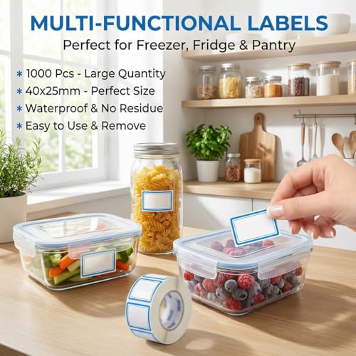 1000Pcs 40x25mm Blue Freezer Labels, Waterproof Write-On Stickers | 1000Pcs 40x25mm labels; removable writable adhesive for jars, containers, meal prep, pantry storage, and freezer use. - color: 1000pcs- Blue