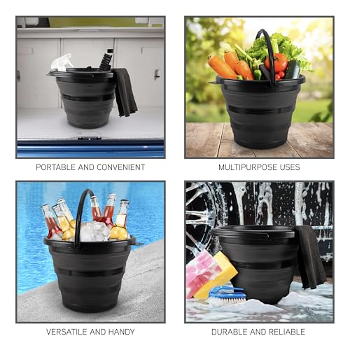 SIMPLEMADE Collapsible Bucket Cleaning Set - Includes 2 Foldable Buckets, Spray Bottle, Rag, Scrubbing Brush and Sponge - Holds Up to 10 liters, Easy Storage, All-Purpose Cleaning Solution - color: Black
