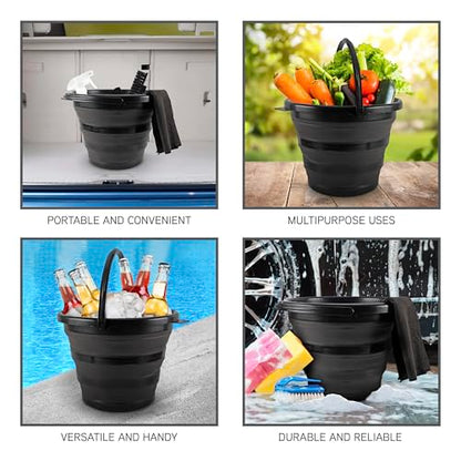 SIMPLEMADE Collapsible Bucket Cleaning Set - Includes 2 Foldable Buckets, Spray Bottle, Rag, Scrubbing Brush and Sponge - Holds Up to 10 liters, Easy Storage, All-Purpose Cleaning Solution - color: Black