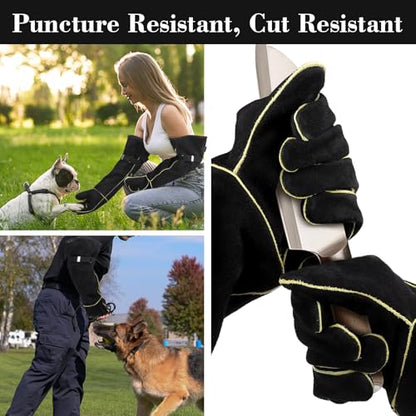 Animal Handling Gloves Bite Proof, Thickened Leather Cat Gloves for Scratching, Falconry, Welding, 23.6 inch Black Yellow - color: Black Yellow