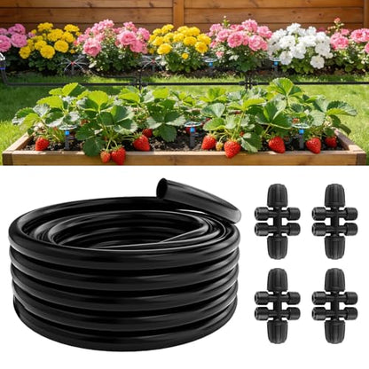 50FT 5/16" Drip Irrigation Tubing and 4 Packs 4-Way Quick Coupler, Push-to-Connect Fittings- DIY Garden Irrigation System, Misting, or Blank Distribution Tubing for Any Gardening Project - size: 50FT