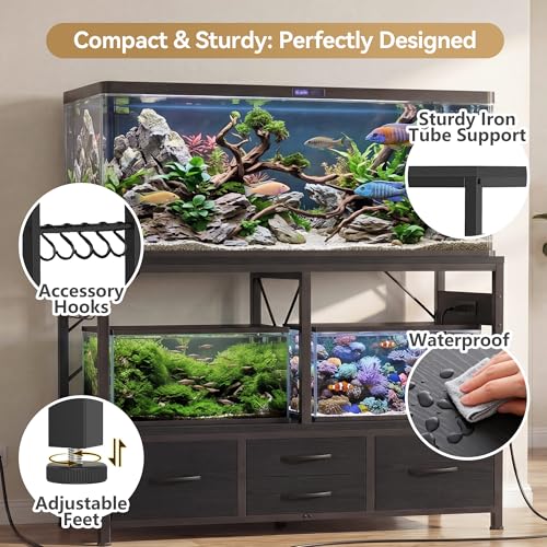 Heybly 55-75 Gal Fish Tank Stand with Drawer, Power Outlet, Black HAS005BK | Aquarium Stand, Heavy Duty, for Fish Tank, Turtle & Reptile Terrarium, 48" L × 18.1" Top, 660lbs (Top)+400lbs(Mid) - color: Black, size: 55-75 gal