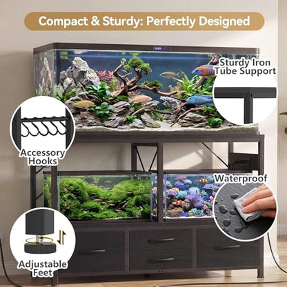 Heybly 55-75 Gal Fish Tank Stand with Drawer, Power Outlet, Black HAS005BK | Aquarium Stand, Heavy Duty, for Fish Tank, Turtle & Reptile Terrarium, 48" L × 18.1" Top, 660lbs (Top)+400lbs(Mid) - color: Black, size: 55-75 gal