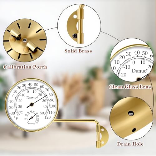 4-Inch Golden Brass Outdoor Thermometer & Humidity Gauge, Analog Dial | Weatherproof Battery-Free Analog Hygrometer, °F/°C Dual Scale, Adjustable Swivel Bracket for Patio, Window & Greenhouse - size: 4inch gloden case+ white dial