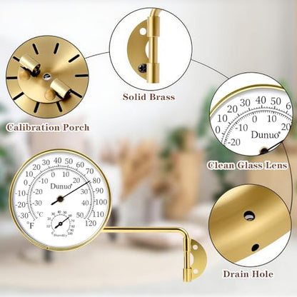 4-Inch Golden Brass Outdoor Thermometer & Humidity Gauge, Analog Dial | Weatherproof Battery-Free Analog Hygrometer, °F/°C Dual Scale, Adjustable Swivel Bracket for Patio, Window & Greenhouse - size: 4inch gloden case+ white dial