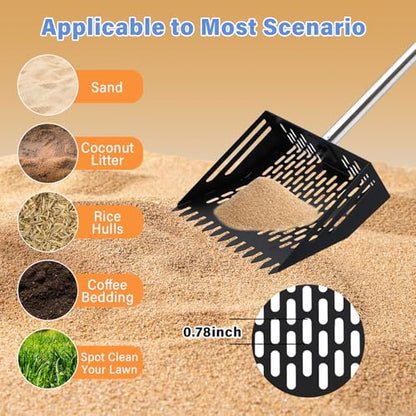 2-in-1 Chicken Poop Scooper & Rake, 10 Inch Coop Sand Sifting Shovel with 37" to 65" Adjustable Stainless Steel Handle, Litter Cleaning Tools with Gloves for Chicken Coop Farm Animals (Black) - color: Black
