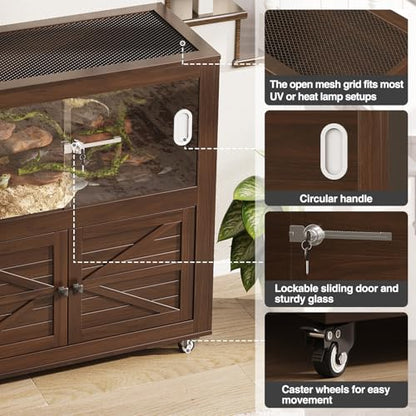 Reptile Terrarium with Stand, 40 Gallon Reptile Tank with Large Storage Cabinet and Ventilated Metal Mesh Top, Walnut - color: Walnut