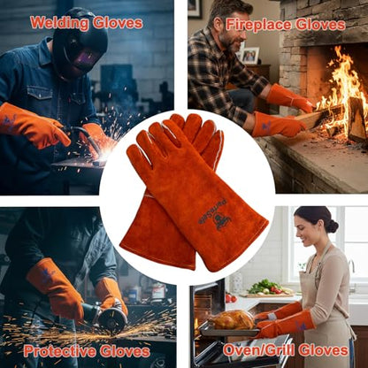 Welding Gloves Heat Resistant Leather Fireproof Gloves 14" L Red | Welders Gloves for MIG TIG Stick, Grill Gloves Mitts for BBQ,Oven,Forge,Fireplace,Fire Pit,Furnace,Wood Stove,Dry Ice,Baking - color: 14 Inches Red