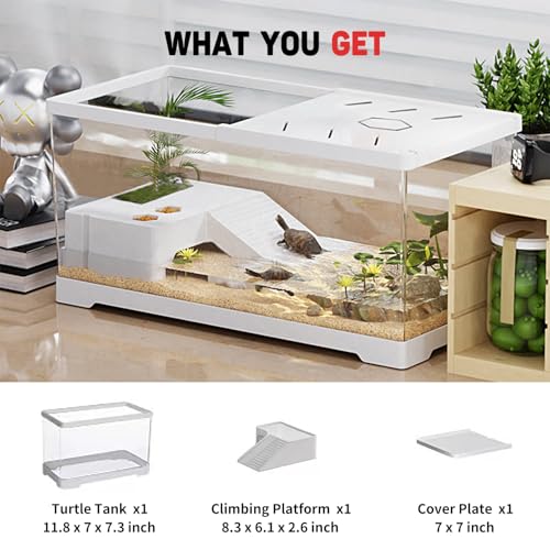 Turtle Fish Tank with Basking Platform and Bottom Drainage, 11.8" x 7" x 7.3" Aquatic Turtle Tank for Juvenile Turtle, Crayfish, Crabs, Amphibians, Reptiles, PC Material, White Color - size: 11.8" x 7" x 7.3"