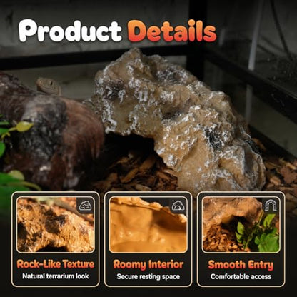 Reptile Hide Rock Cave, Small Resin Corner Hideout for Juvenile Leopard Geckos, Small Geckos, Small Lizards & Juvenile Snakes, Natural Terrarium Tank Decor for Dry or Humid Habitats