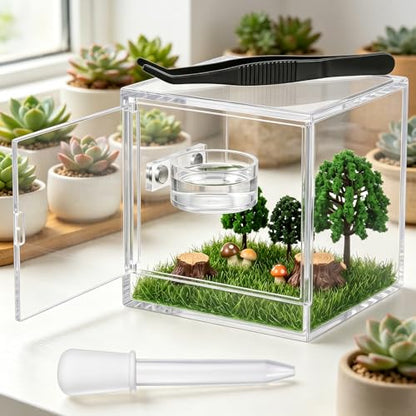 Jumping Spider Feeding Dish Set, Jumping Spider Food Dish with Tweezers and Dropper,Magnetic Food-Dish Jumping-Spider Enclosure Accessories Reptile Feeding Tongs 4x2cm