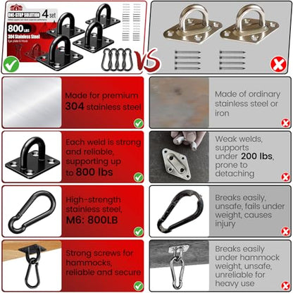 304 Stainless Steel Pad Eye Snap Hook, M6 Ceiling Hook 800Lb,8Pcs | Hanging Kit with Screws for Hammock Chair Swing, Yoga Gym Equipment, Sun Shade Sail, Plant Hangers & Marine Boat Hardware - size: 2.3 inch, style: Black Square