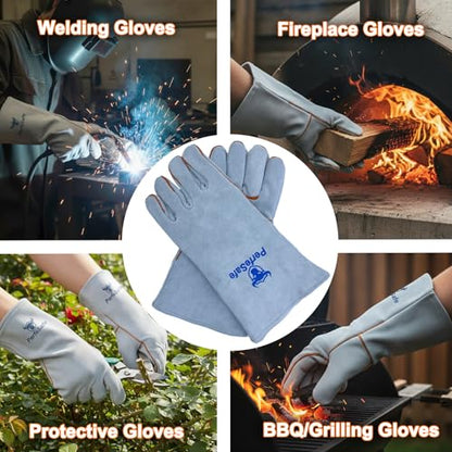 Welding Gloves Heat Resistant Leather Fireproof Gloves 14 In Grey | Welders Gloves for MIG TIG Stick, Grill Gloves Mitts for BBQ,Oven,Forge,Fireplace,Fire Pit,Furnace,Wood Stove,Dry Ice,Baking - color: 14 Inches Grey