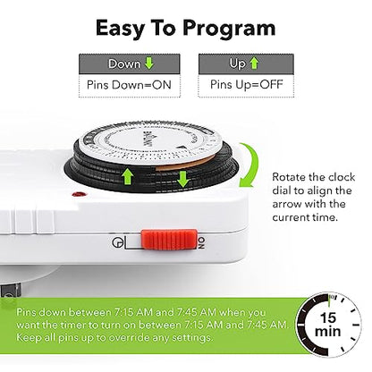BN-LINK 24-Hour Heavy Duty Mechanical Timer Outlet,Indicator Light, 3-Prong | 15-min intervals; Indoor Plug-in Timer for Christmas Decoration, Aquarium, Grow Light, Home Appliances, ETL,1875W/15A,2-Pack - size: 2 Pack