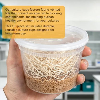 Deli Cups with Fabric Vented Lids 16 OZ, 10 Pack | Culture Cup Mesh Container, Bug Viewer Critter Insect Cage, Magnifying Insect Box