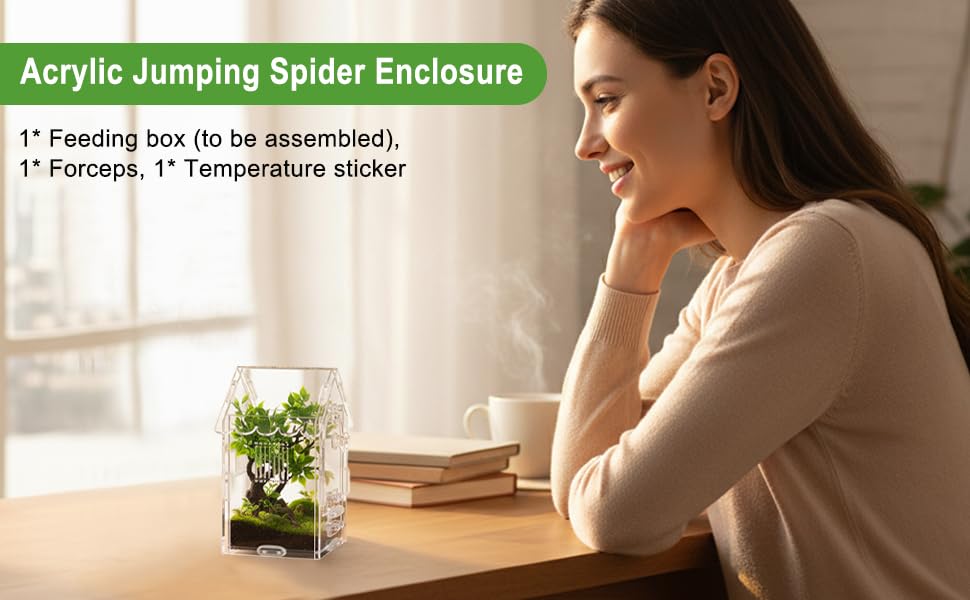 Jumping Spider Enclosure, Acrylic Terrarium with Magnetic Front Door, Includes Tweezers and Aquarium Thermometer Strip, Habitat for Mantis, Arboreal Tarantulas & Snails
