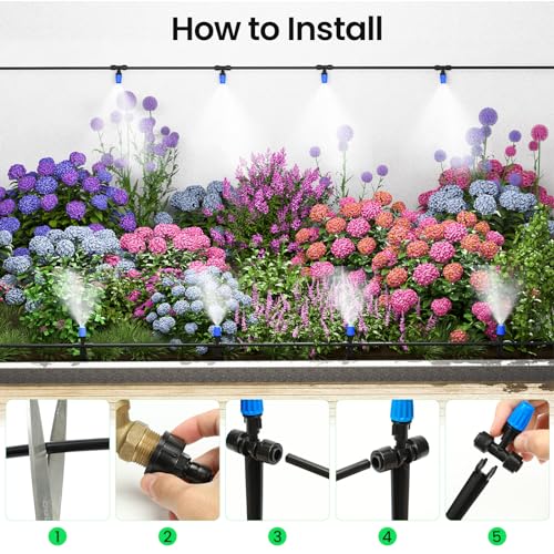 MIXC 65FT Greenhouse Watering System- Quick Efficient Connector Hanging Plant Watering System Automatic Mist Irrigation Kit with 1/4" Blank Tubing and Misting Nozzles - size: 65FT(Updated)