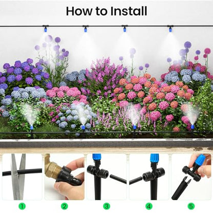 MIXC 65FT Greenhouse Watering System- Quick Efficient Connector Hanging Plant Watering System Automatic Mist Irrigation Kit with 1/4" Blank Tubing and Misting Nozzles - size: 65FT(Updated)