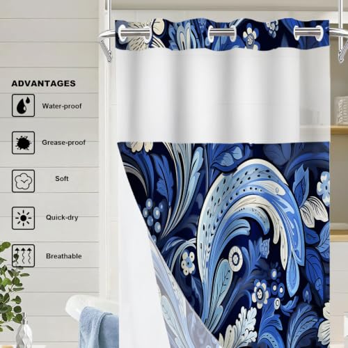 Seamless Paisley Floral No Hooks Shower Curtain with Snap in Liner Set, Damask Blue Paisley Flowers Tub Curtainn Mesh Top Window & Magnetic Hem Waterproof 35.5X74 Inch - color: Blue Damask Blue Paisley, size: 35.4"W x 74"L (Pack of 1)