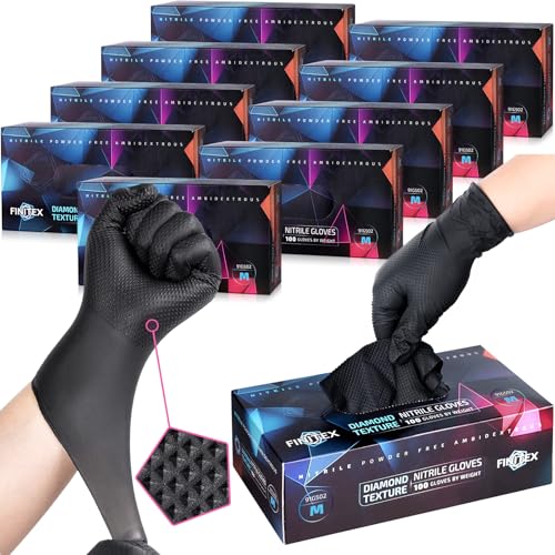 FINITEX Industrial Diamond Texture Nitrile Black Glove - 100/1000PCS Chemical Resistant 6.3mil Mechanic Disposable Gloves - color: Black (Medium 1000)