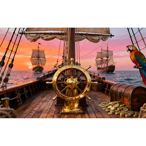 Sunset Ancient Sailing Boats Aquarium Background Luxurious Steering Wheel Treasure Chest Coins Wooden Sailboat Fish Tank Background Ocean Seascape Terrarium Backgrounds for Tank Decors 24x12in - color: Pink_Brown, size: 24(W)x12(H)inches/ 60(W)*30cm(H)