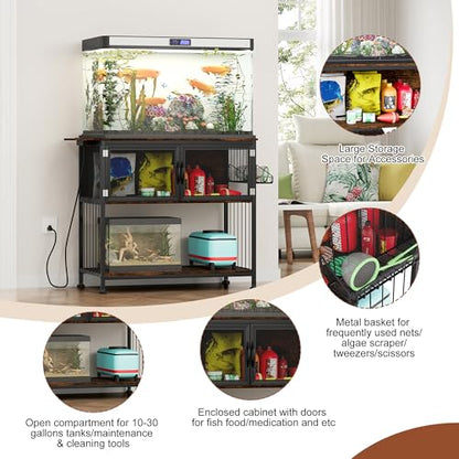 40-55 Gallon Fish Tank Stand , Heavy Duty Aquarium Stand with Cabinet Storage Fish Tank Accessories, Large Reptile Terrarium Tank Table with Power Outlets,Vintage Brown