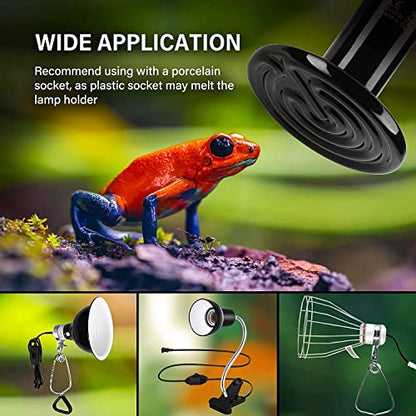 HealSmart Reptile Heat Lamp 100W 2-Pack Ceramic Heat Emitter, No Light Emitting Heat Bulbs for Amphibian Pet Brooder Coop Incubating Chicken, Lizard Bearded Dragon Turtle Snake Terrarium Black - size: 100W, style: 2 Pack