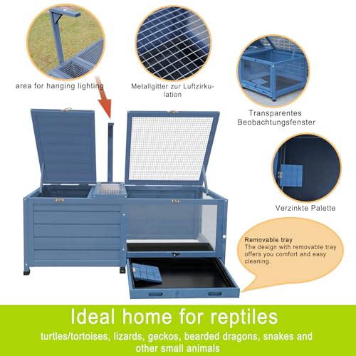 Wooden Tortoise House Indoor Large Tortoise Habitat Reptile Cage with Tray, Snake Turtle Box Reptile Terrarium Bunny Hutch for Small Animals, Blue