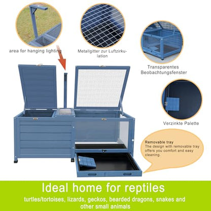 Wooden Tortoise House Indoor Large Tortoise Habitat Reptile Cage with Tray, Snake Turtle Box Reptile Terrarium Bunny Hutch for Small Animals, Blue