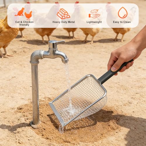 2 Pack Chicken Poop Scooper for Coop, Chicken Coop Shovel with 3.8mm (Fine) & 5mm (Medium) Mesh – Metal Rake & Scoop Tool with Hanger Hooks for Sifting Sand, Litter & Chicken Supplies