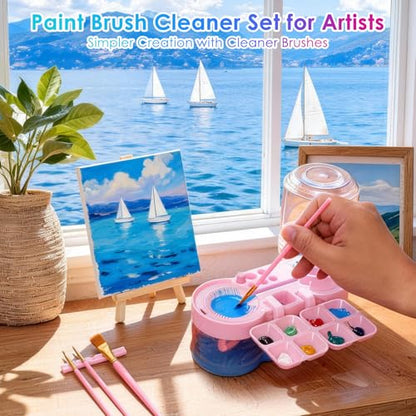 Paint Brush Washer, Deep-Clean Leak-Proof Kit with Palette | Includes: 5 canvases, 20 brushes & case, 400ml clean/500ml waste tank, durable ABS, ideal gift for beginners/students, pink - color: Pink
