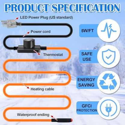 Pipe Heat Tape with Thermostat, 12ft Heat Tape for Water Pipes, Heating Tape for Water Pipes or Hose, Self Regulating Heat Tape Cable, for Metal Plastic Pipes and Roof RV Freeze Protection - style: 12FT with Thermostat